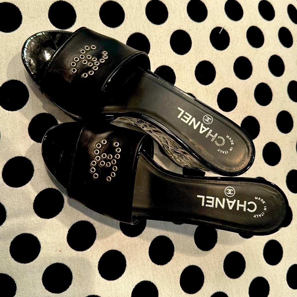 Chanel Leather Slides Wedge Chrome 7.5